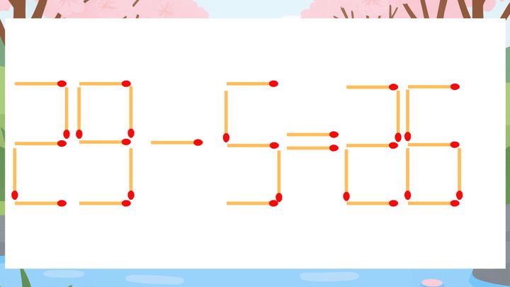 【マッチ棒クイズ】1本だけ動かして正しい式に：29-5=26？の問題画像