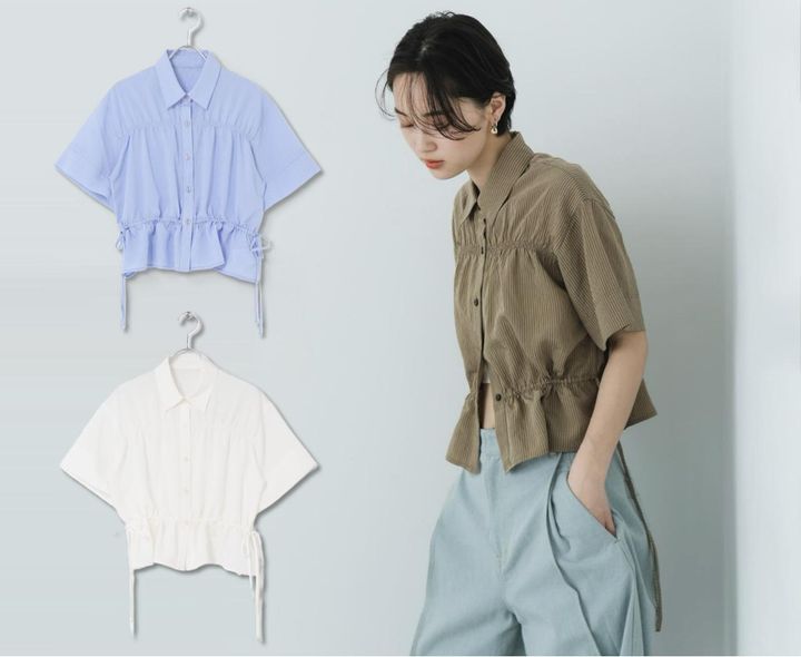 画像: SENSE OF PLACE by URBAN RESEARCH クロップドペプラムシャーリングシャツ（ブルー/ホワイト、ホワイト、ベージュ/ブラウン）各¥6,050（すべてセンスオブプレイス バイ アーバンリサーチ） 出典：センスオブプレイス バイ アーバンリサーチ