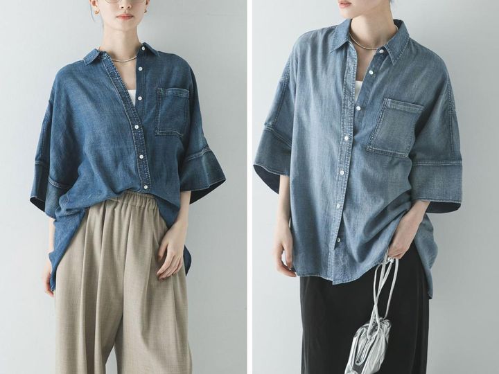 画像: 「ハーフスリーブシアーデニムシャツ」各￥14,300 出典：アーバンリサーチ