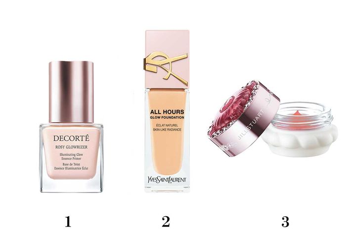 1.コスメデコルテ ロージー グロウライザー + SPF15・PA++ 30㎖ ￥4,950 2.YSL BEAUTY オールアワーズ リキッド グロウ LC1 ￥8,360／イヴ・サンローラン・ボーテ 3.ジルスチュアート バウンシング マルチカラー 05 ￥3,520（限定）／ジルスチュアート ビューティ 