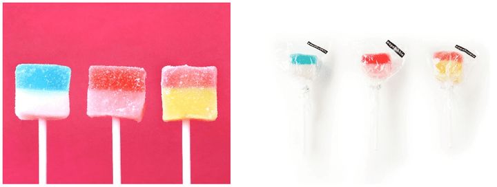 （左から｠ダブルグミロリポップ レモン/ソーダ、ラズベリー/ライチ、ピーチ/アプリコット 各種360円