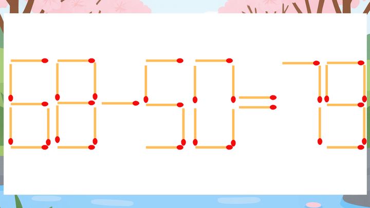 【マッチ棒クイズ】1本だけ動かして正しい式に：68-50=79？の問題画像