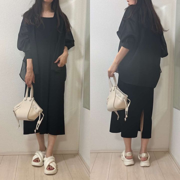 GU シアードルマンスリーブシャツ ノースリワンピ肩掛けコーデ