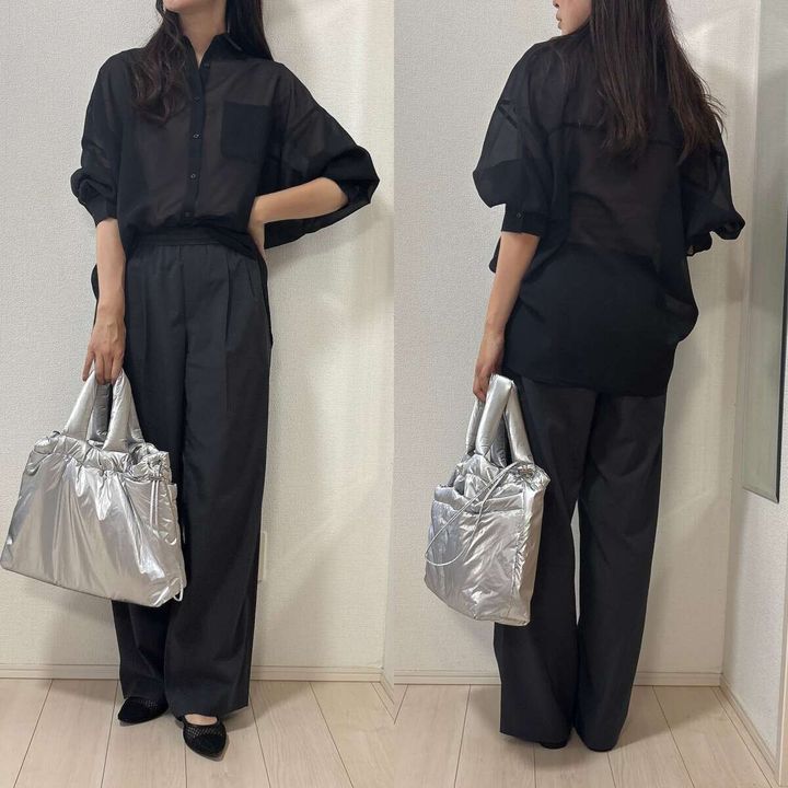 GU シアードルマンスリーブシャツ グレーワイドパンツきれいめコーデ