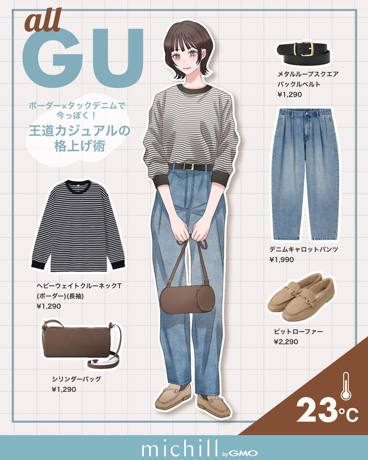 イラストの女性がボーダーTにライトブルーのタックデニムを合わせ、ブラウン小物でまとめた全身GUの23℃王道カジュアルコーデ
