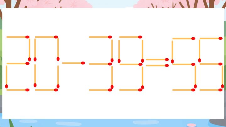【マッチ棒クイズ】1本だけ動かして正しい式に：20-39=55？の問題画像