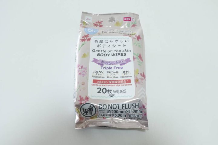 ダイソーの＆．ボディシート（お肌にやさしい、20枚）のパッケージ