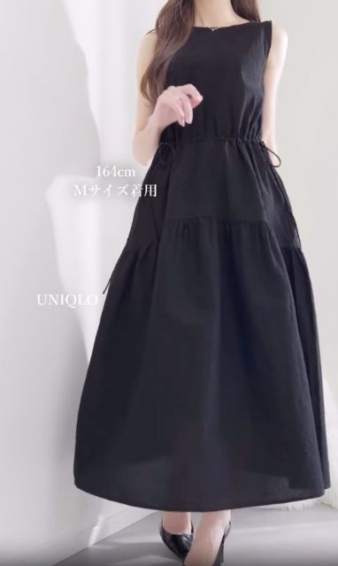 リネンブレンドティアードワンピースを着たコーデ