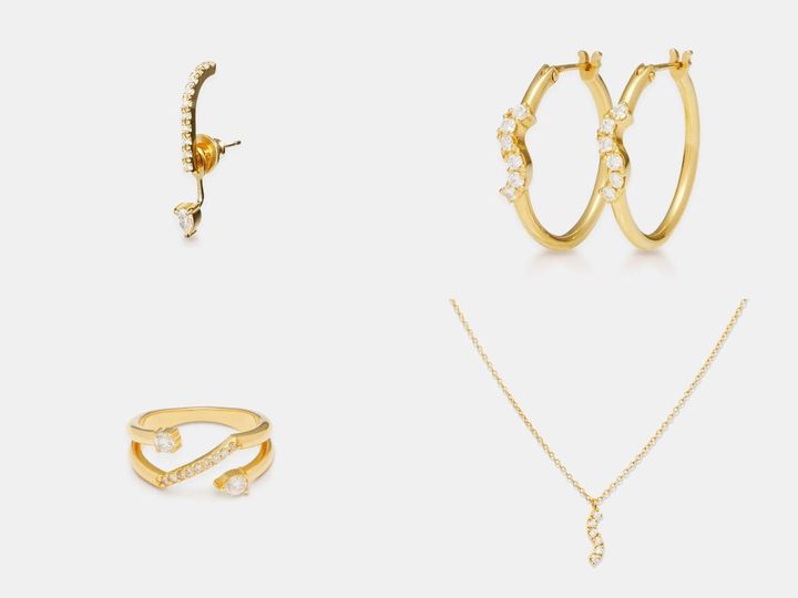 画像: （左上から時計回りに）「Lorraine Bar Diamond Earring」￥58,300、「Emmanuel Hoop Earrings」￥63,800、「Emmanuel Necklace」￥38,500、「Sylvie Ring」￥74,800 出典：ガジェス
