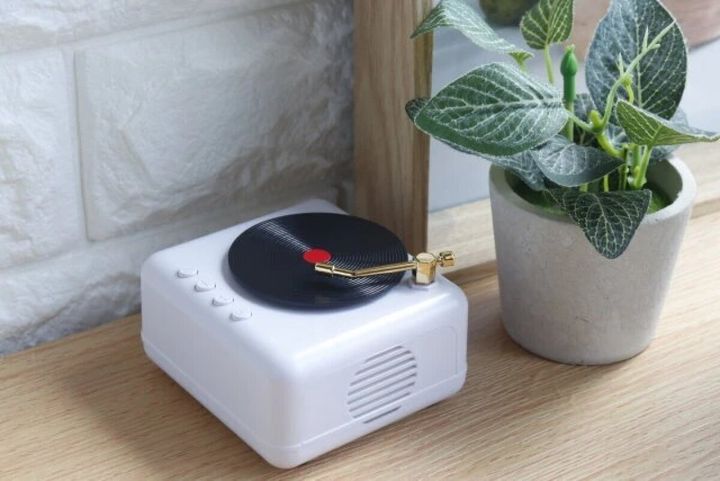 白いレコードプレーヤー型スピーカーと緑の観葉植物が木製の棚に置かれている