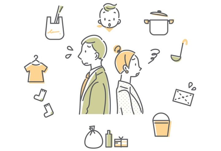 忙しい共働き夫婦のイラスト 家事や育児に追われるイメージ