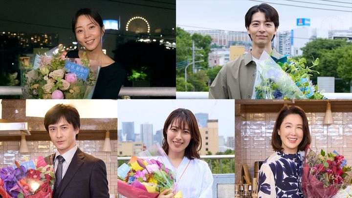 ドラマ『今夜、秘密のキッチンで』のクランクアップを迎えた（上段左から）木南晴夏、高杉真宙、（下段左から）中村俊介、瀧本美織、筒井真理子 （C）フジテレビ width=
