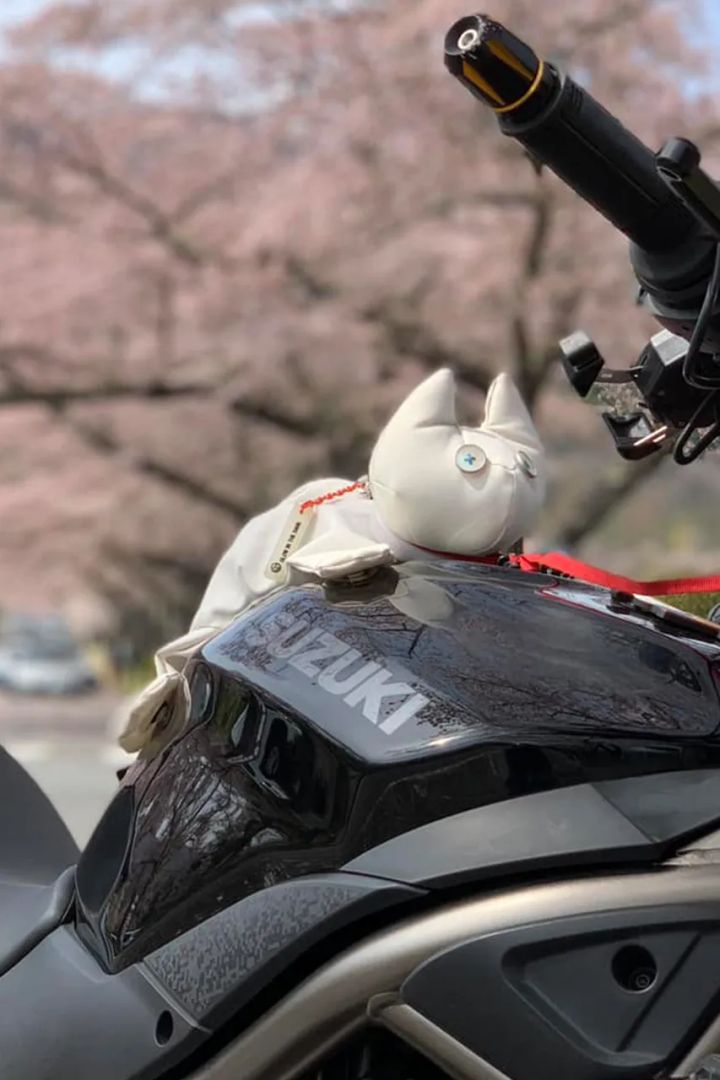 バイクに映える白にしました。吸盤でつけるタイプなので、甘いと落ちそうになっているのがかわいらしく、リード付き。「落とさないように走ろう！」と安全を意識できます