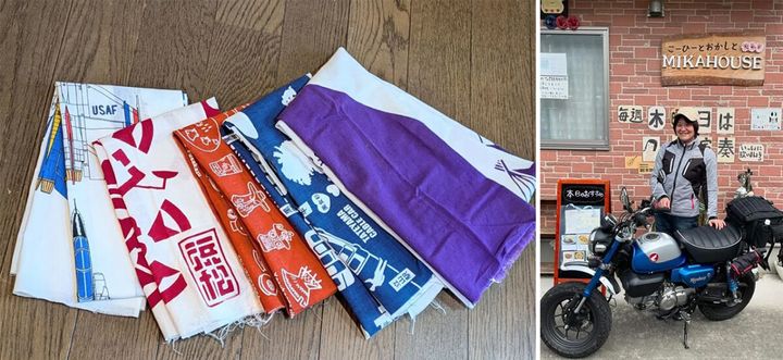 実用性が高くいつも首元のアクセントとして巻いています。旅先を思い出したり、「祖母（紫色の手ぬぐい）と一緒に旅をしようかな？」と思ったり、ウキウキします！