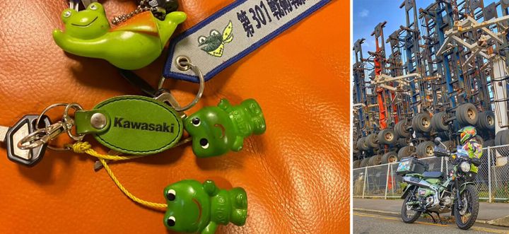 コーワのキャラクター「ケロ&コロ」と航空自衛隊301飛行隊の「ケロヨン」のキーホルダー。カエル好きなのもあるのですが、どちらも「ちゃんとおうちに帰る」の願かけカエルです♪