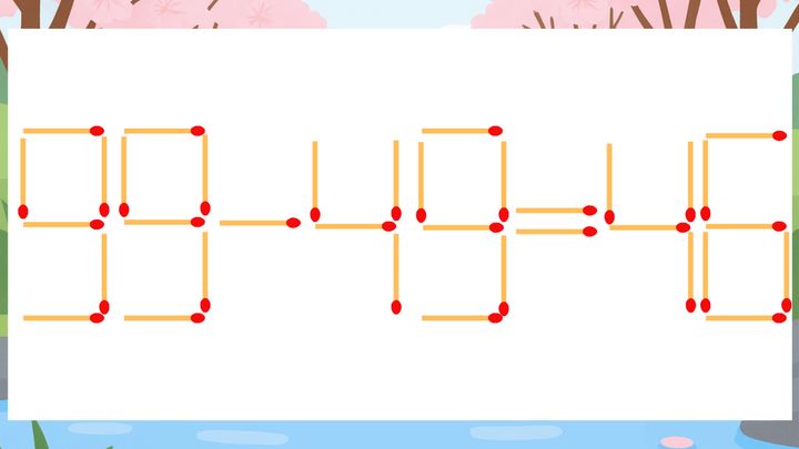 【マッチ棒クイズ】1本だけ動かして正しい式に：99-49=46？の問題画像