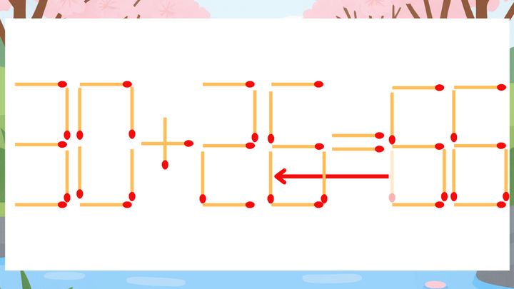 【マッチ棒クイズ】1本だけ動かして正しい式に：30+25=66？の解答画像