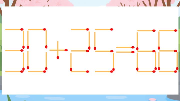 【マッチ棒クイズ】1本だけ動かして正しい式に：30+25=66？の問題画像