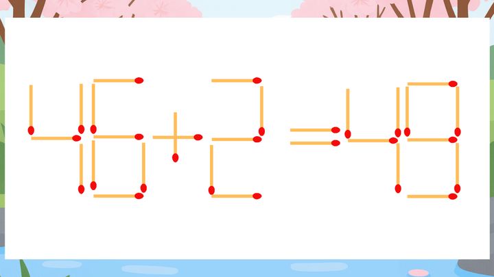 【マッチ棒クイズ】1本だけ動かして正しい式に：46+2=49？の問題画像