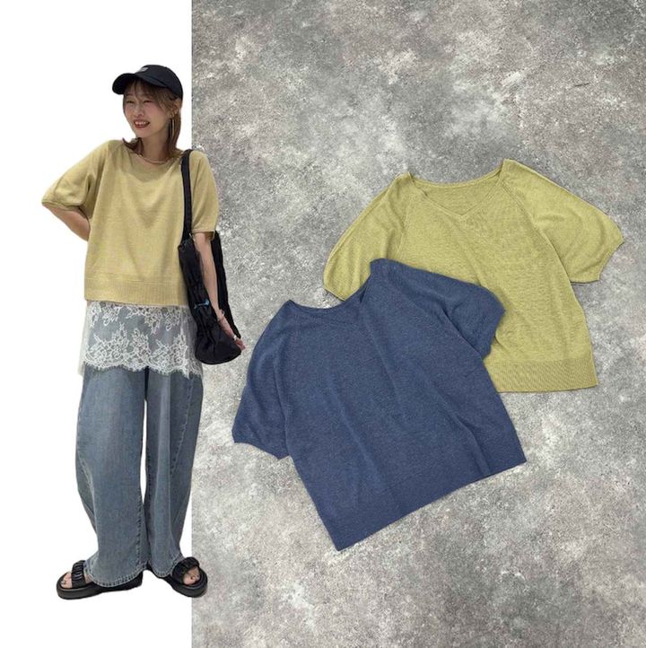 画像: リネン混ニット2WAYプルオーバー半袖（アッシュイエロー、フェードブルー）各¥4,490 ◾️ マシンウォッシャブル 出典：グローバルワーク