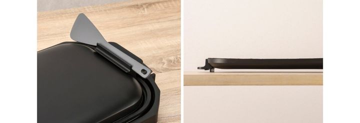 ヘラを置ける取っ手と、フタがテーブルに触れない構造の側面