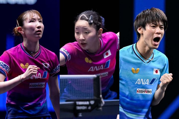 早田ひな、張本美和、戸上隼輔（C）WTT