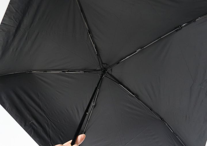 開いた日傘の内側を真下から見た黒い生地