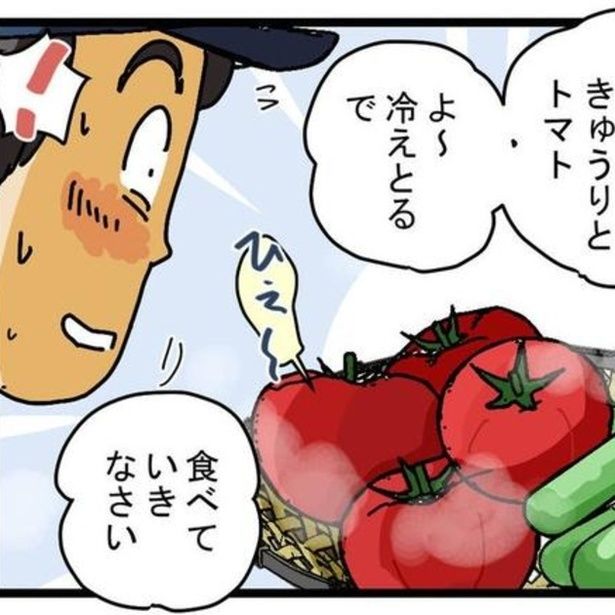 配達先のお客さんが「うちで採れた野菜」と渡してくれたきゅうりとトマト。 画像提供：(C)ゆきたこーすけ(@kosukeyukita) 