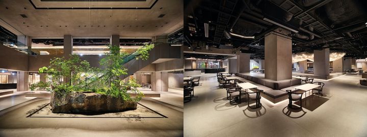 （写真左）真鶴半島で採掘した直径5mの岩の上に、日本の山々の植物が育っていく象徴的なしつらえ、（写真右）「OGAWA COFFEE LABORATORY 高輪」内のイートインスペース
