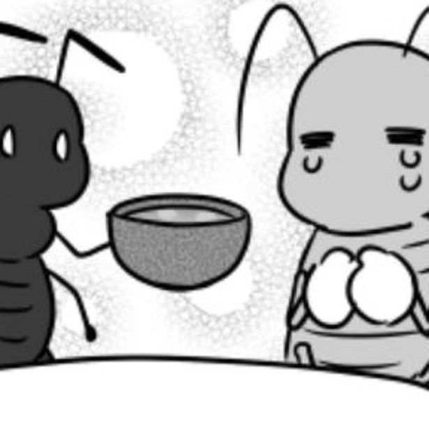 食べ物を乞うキリギリスにアリがスープを振る舞う…心温まるはずの場面なのだが…。 画像提供：伊東(@ito_44_3)