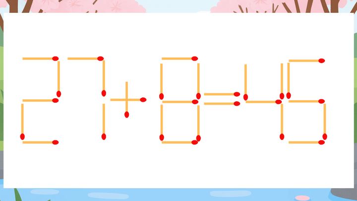 【マッチ棒クイズ】1本だけ動かして正しい式に：27+8=45？の問題画像