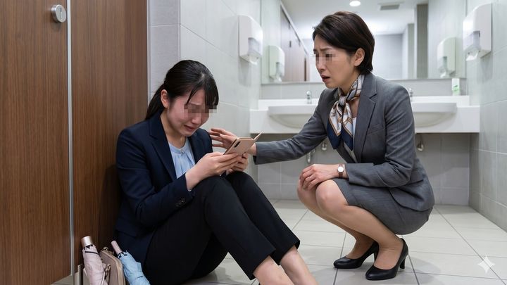 取引先のトイレで泣きじゃくる新入社員の20代女性を40代女性の先輩社員がなだめている