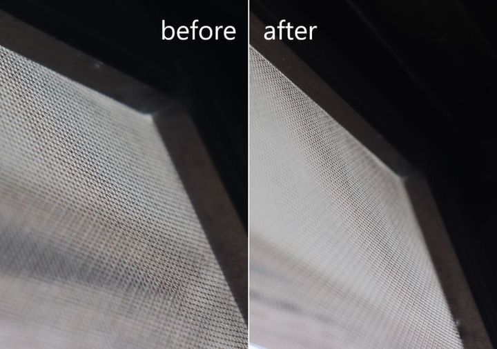 網戸の掃除前（before）と掃除後（after）を比較した写真。網目がクリアになっている