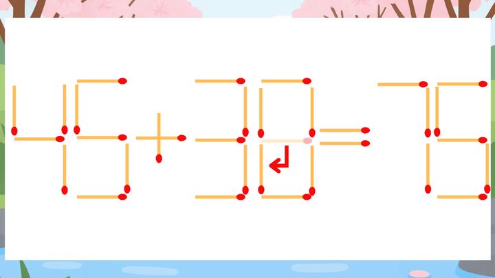 【マッチ棒クイズ】1本だけ動かして正しい式に：45+39=75？の解答画像