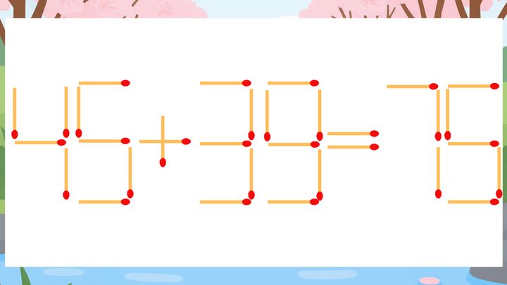 【マッチ棒クイズ】1本だけ動かして正しい式に：45+39=75？の問題画像