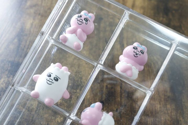 クリアケースの仕切りにピンクのミニフィギュアが収納されている