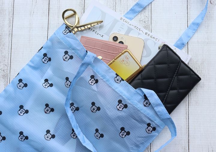水色のエコバッグの中に財布やスマホ、化粧品などを入れている様子