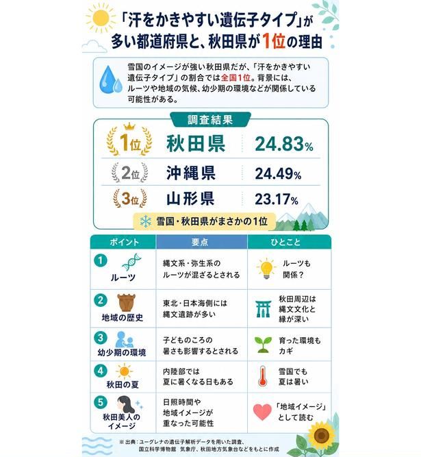 【図解】「汗をかきやすい遺伝子タイプ」の割合で秋田県が全国1位に。雪国の意外な結果には、気候やルーツが関係している可能性も 【画像提供＝岡医師】