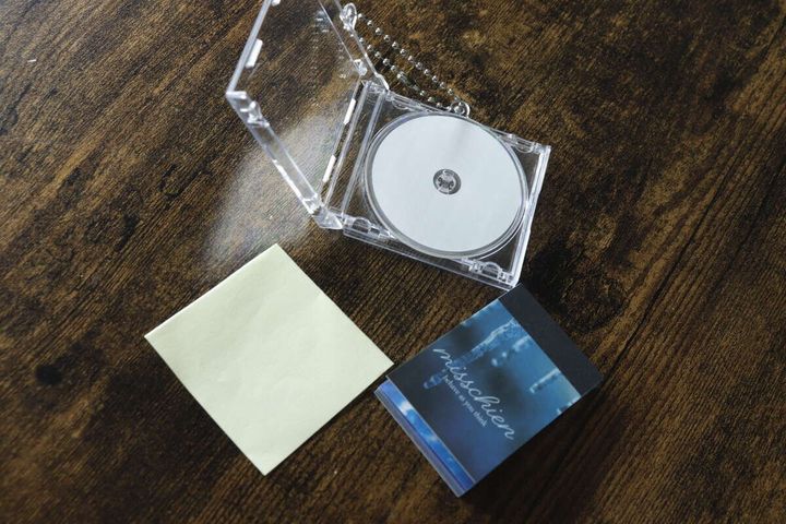 開いたキーホルダーの横に、中に入れるための台紙とメモ用紙