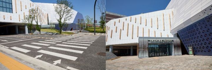 降車後、オーシャンタワーの向かいに見える横断歩道（左）を渡ると、アリーナ入口にたどり着く（右）