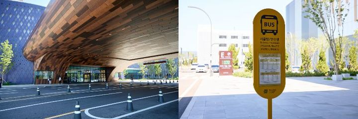 キューブ入口（左）にあるソウル市内、安山方面行きのバス停（右）。黄色い時刻表が目印