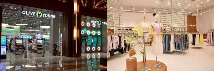 韓国コスメはオリーブヤング(左）で調達、韓国オンニ風アパレル店も充実（右）