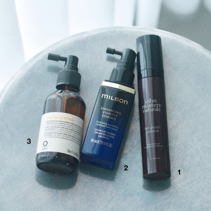 1_ 薬用 ヘアグロースエッセンス［医薬部外品］（ジョンマスターオーガニック） 2_ミルボン エンハンシング ビバシティ エッセンス［医薬部外品］（ミルボン） 3_オーウェイ ヘアロスレメディ（アラミック）