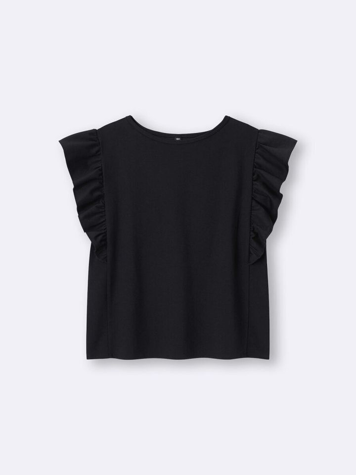黒いフリルスリーブTシャツの正面