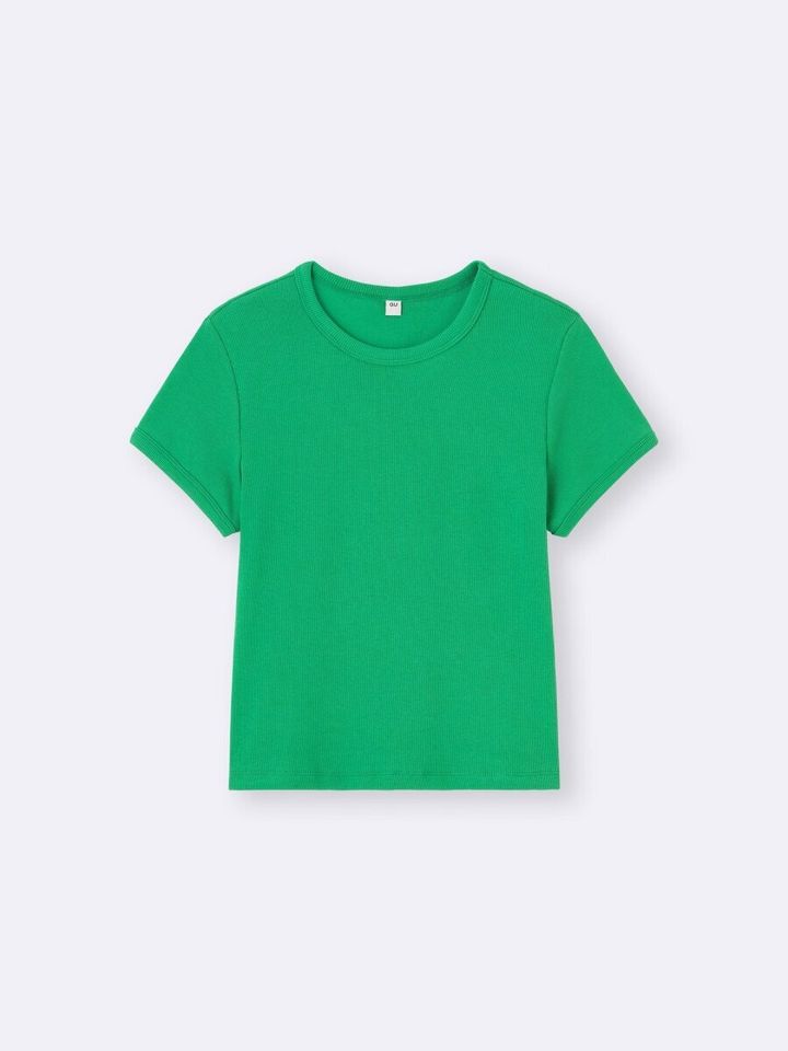 鮮やかな緑色のリブクルーネックTシャツの平置き