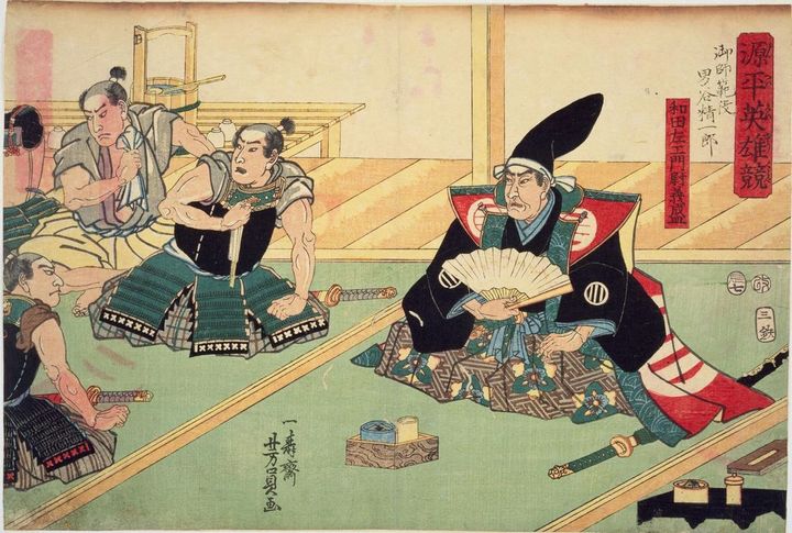 歌川芳員画「源平英雄競 和田左エ門尉義盛（佐々木信盛の祖先）」、1808年