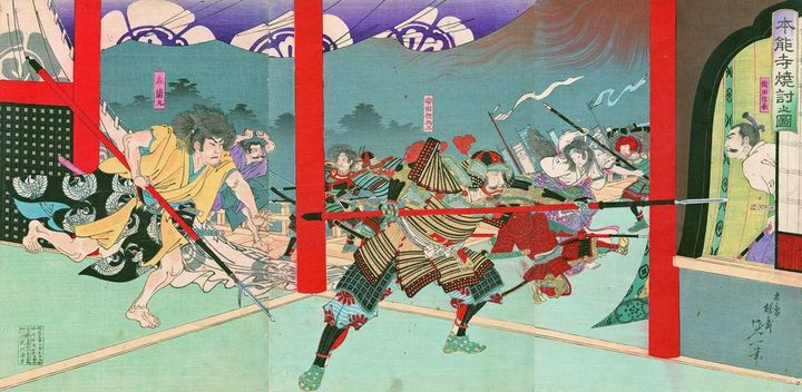 楊斎延一画「本能寺焼討之図」、明治29年（1896）、名古屋市所蔵