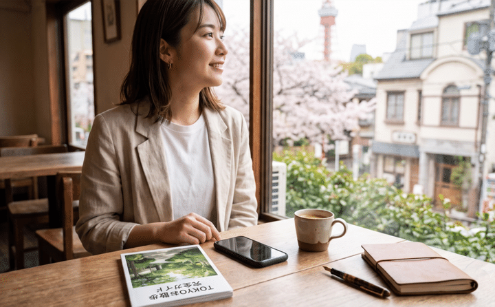 さんぽでカフェに寄り、リラックスする女性