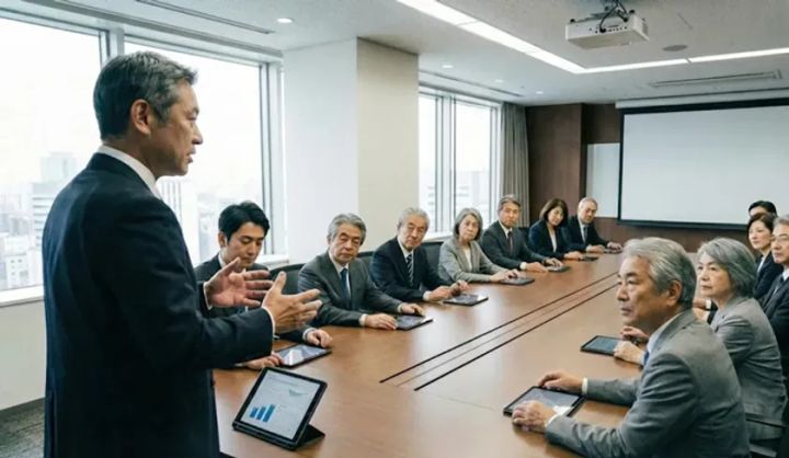 会議室で登壇者が説明し、参加者が各自のタブレットを前に着席し