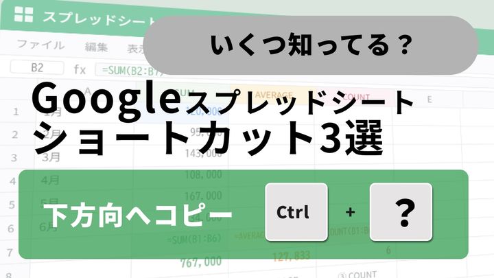 Google スプレッドシートでショートカットキーを使い、マウスのドラッグなしでデータを上下左右へ一瞬で自動コピーしているイメージ